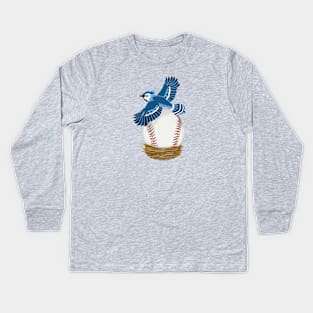 Play Ball! Blue Jay Baseball Egg in Nest Kids Long Sleeve T-Shirt